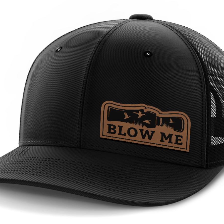 Blow Me, Duck Hunting, Leather Patch Hat — Black