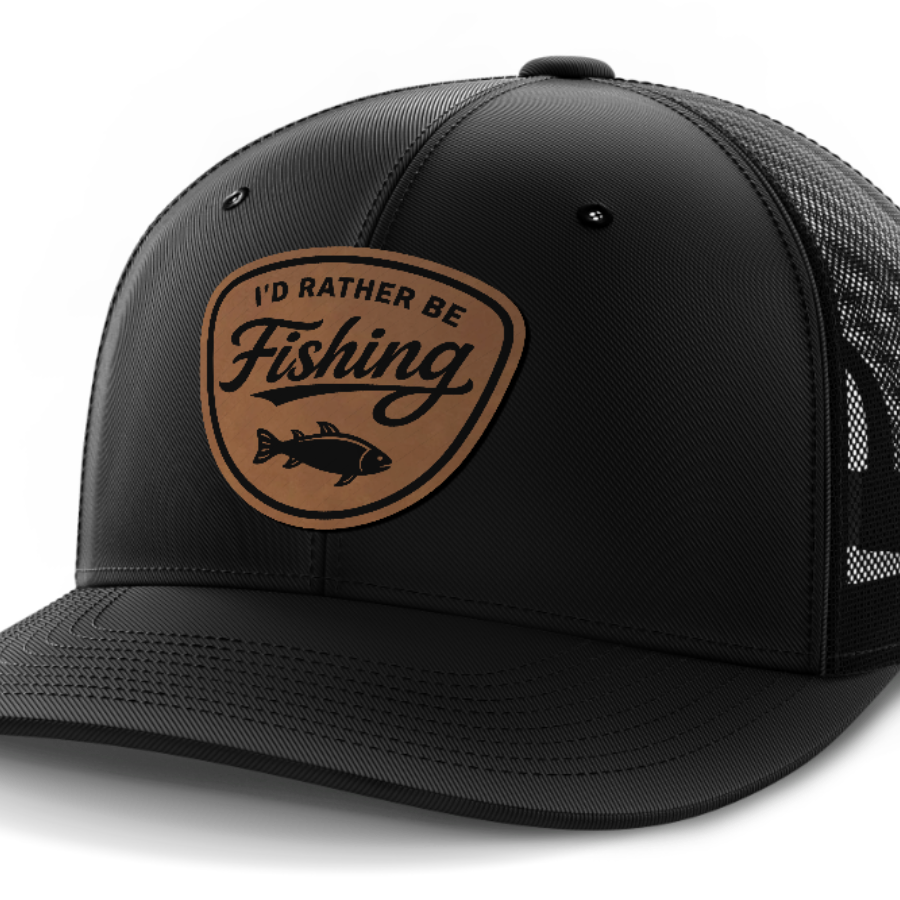 I'd Rather Be Fishing, Leather Patch Hat — Black