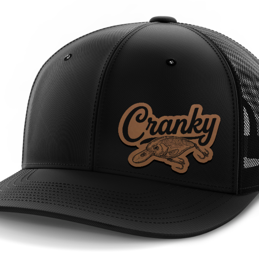 Cranky, Crankbait Decal (left), Leather Patch Hat — Black