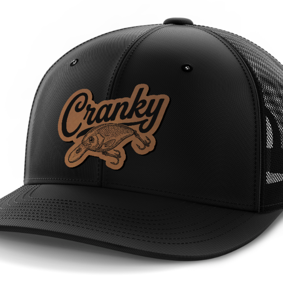 Cranky, Crankbait Decal, Leather Patch Hat — Black