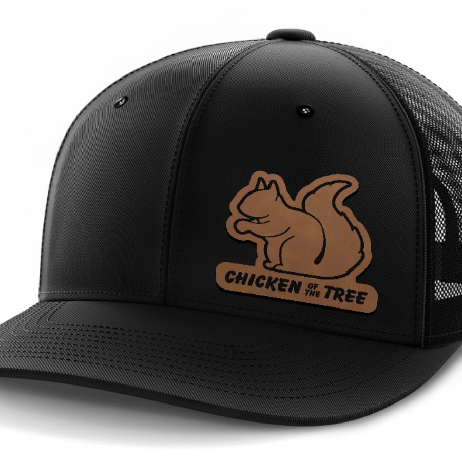 Chicken of the Tree, Squirrel Hunting, Leather Patch Hat — Black