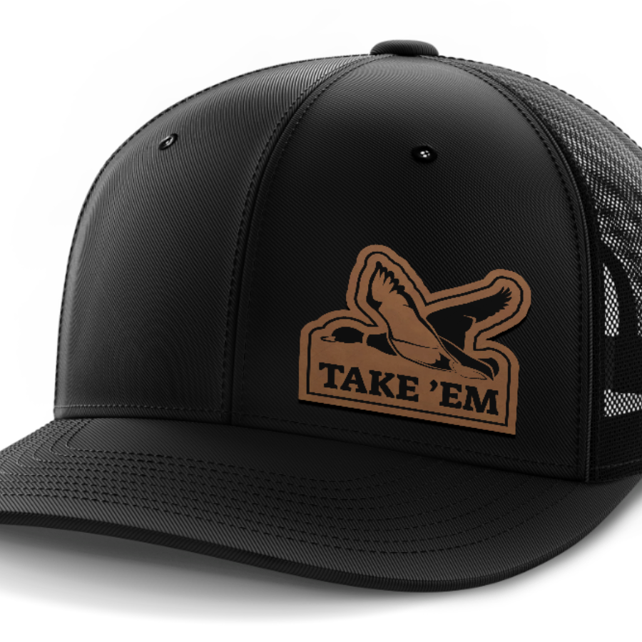 Take Em, Duck Hunting, Leather Patch Hat — Black