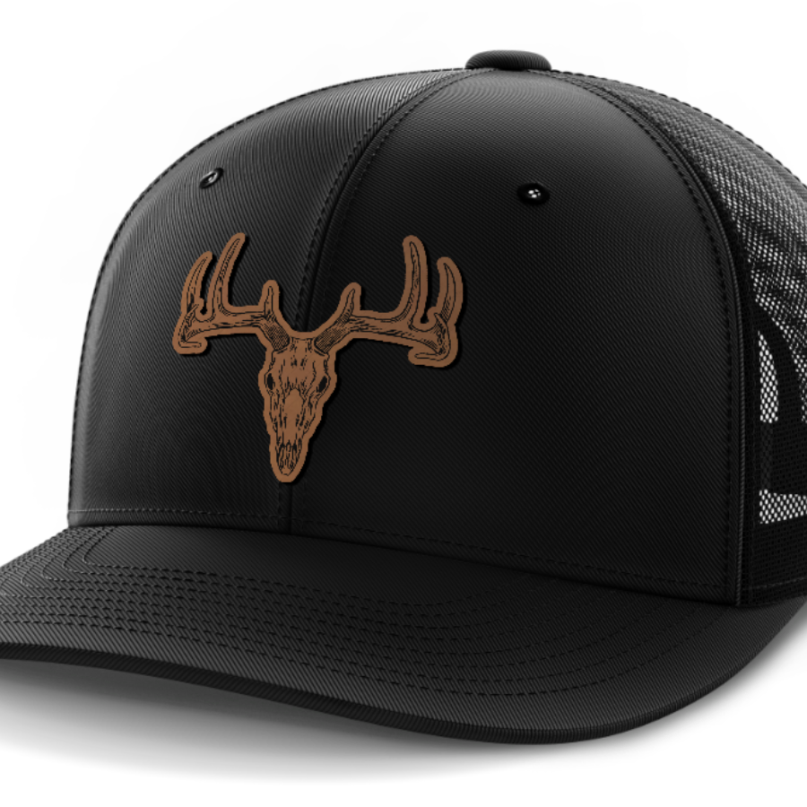 Deer Skull, Deer & Shed Hunting, Leather Patch Hat — Black
