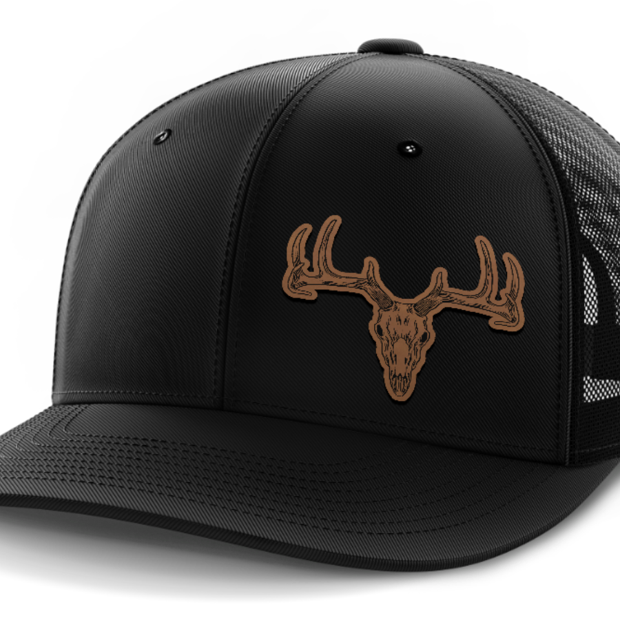 Deer Skull (left), Deer & Shed Hunting, Leather Patch Hat — Black