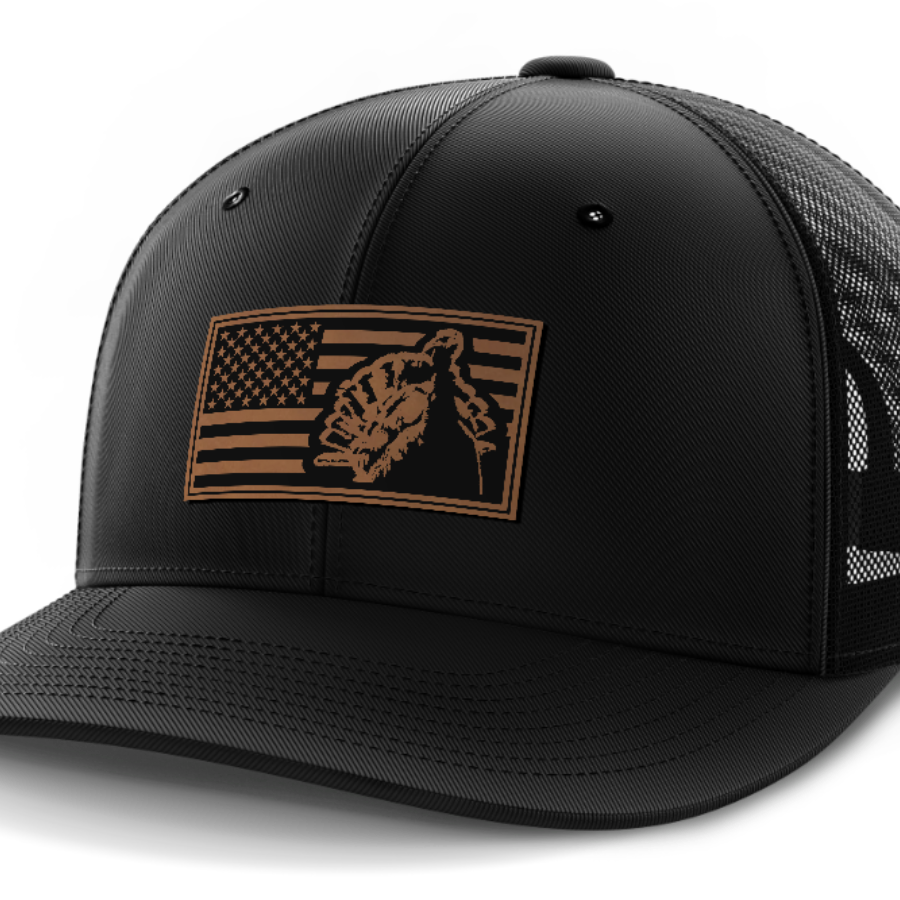 Flag with Turkey, Turkey Hunting, Leather Patch Hat — Black