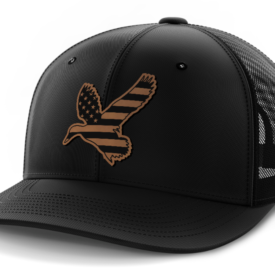 Duck Flag, Duck Hunting, Leather Patch Hat — Black