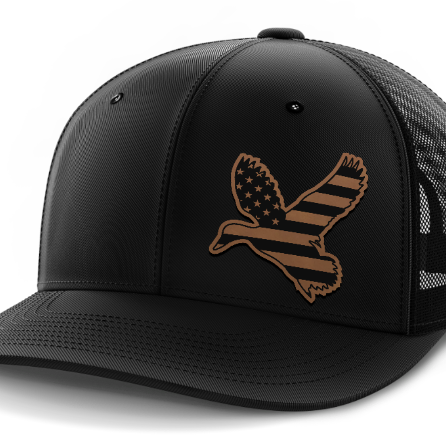 Duck Flag (left), Duck Hunting, Leather Patch Hat — Black