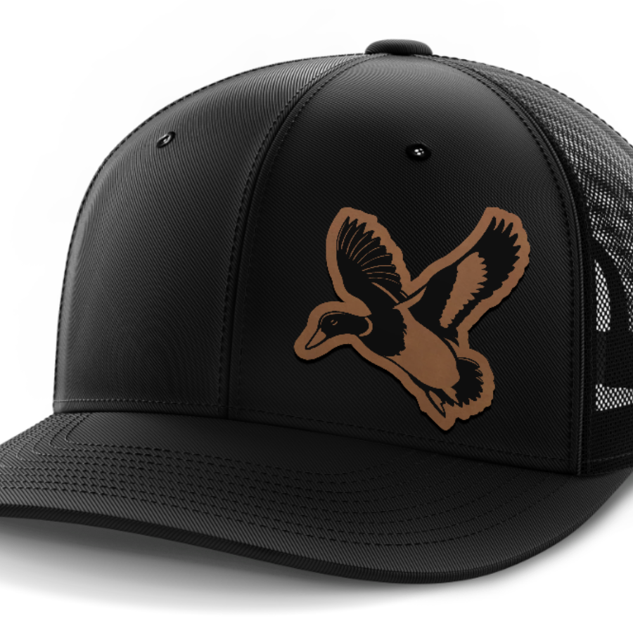 mallard@4x — 6 Panel Mid Profile Mesh Back Trucker Hat — Black