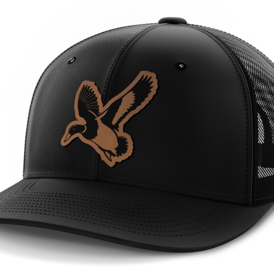 Mallard, Duck Hunting, Leather Patch Hat — Black