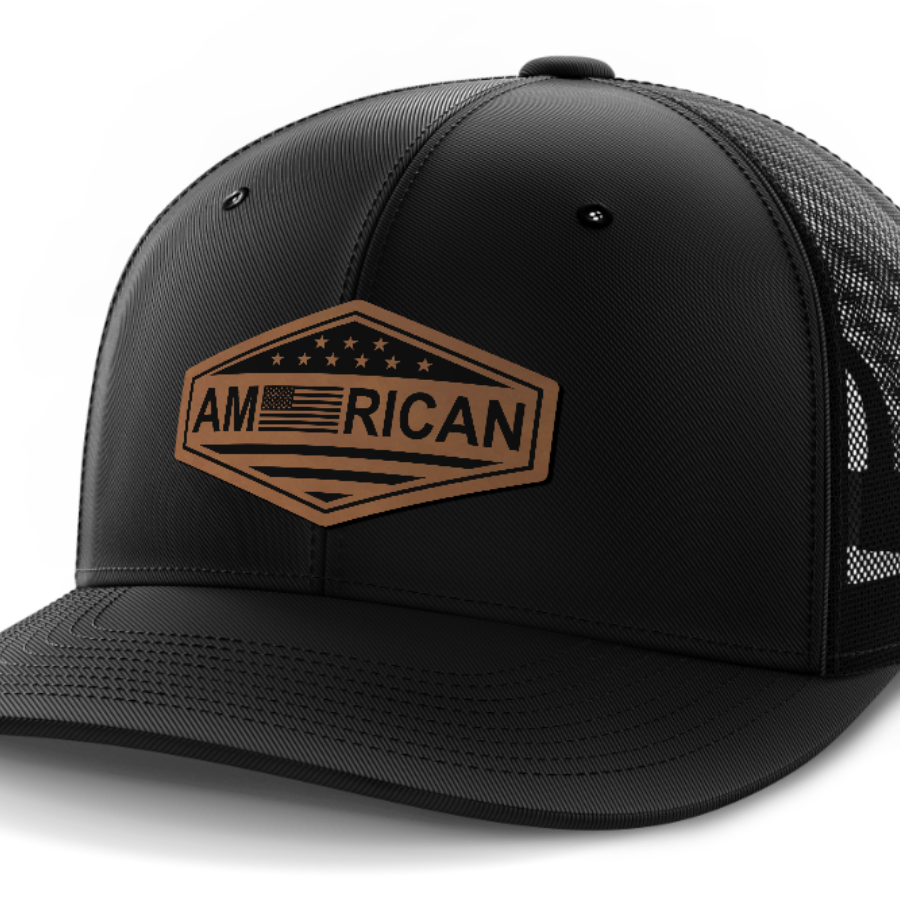 American Flag, Leather Patch Trucker Hat — Black