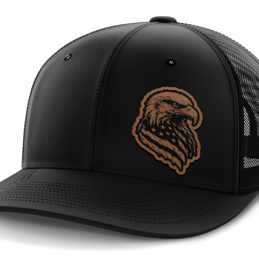 Eagle Flag (left), Leather Patch Hat — Black