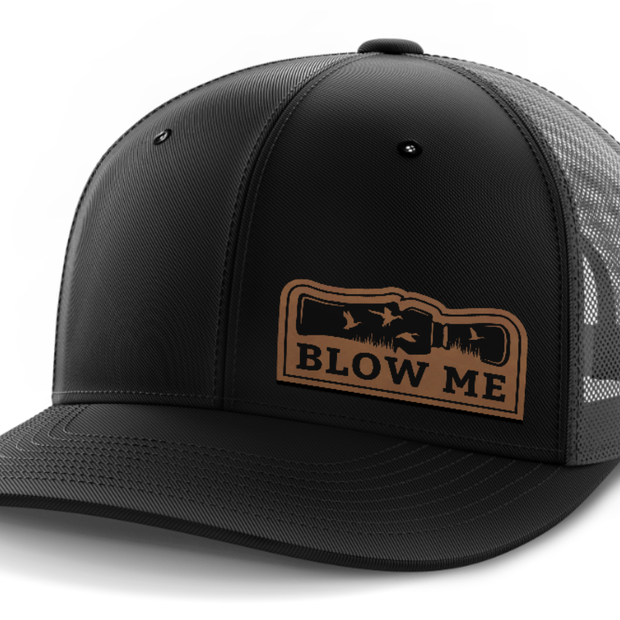 Blow Me, Duck Hunting, Leather Patch Hat — Black | Dark Gray