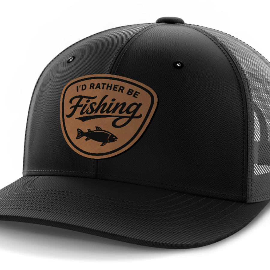I'd Rather Be Fishing, Leather Patch Hat — Black | Dark Gray
