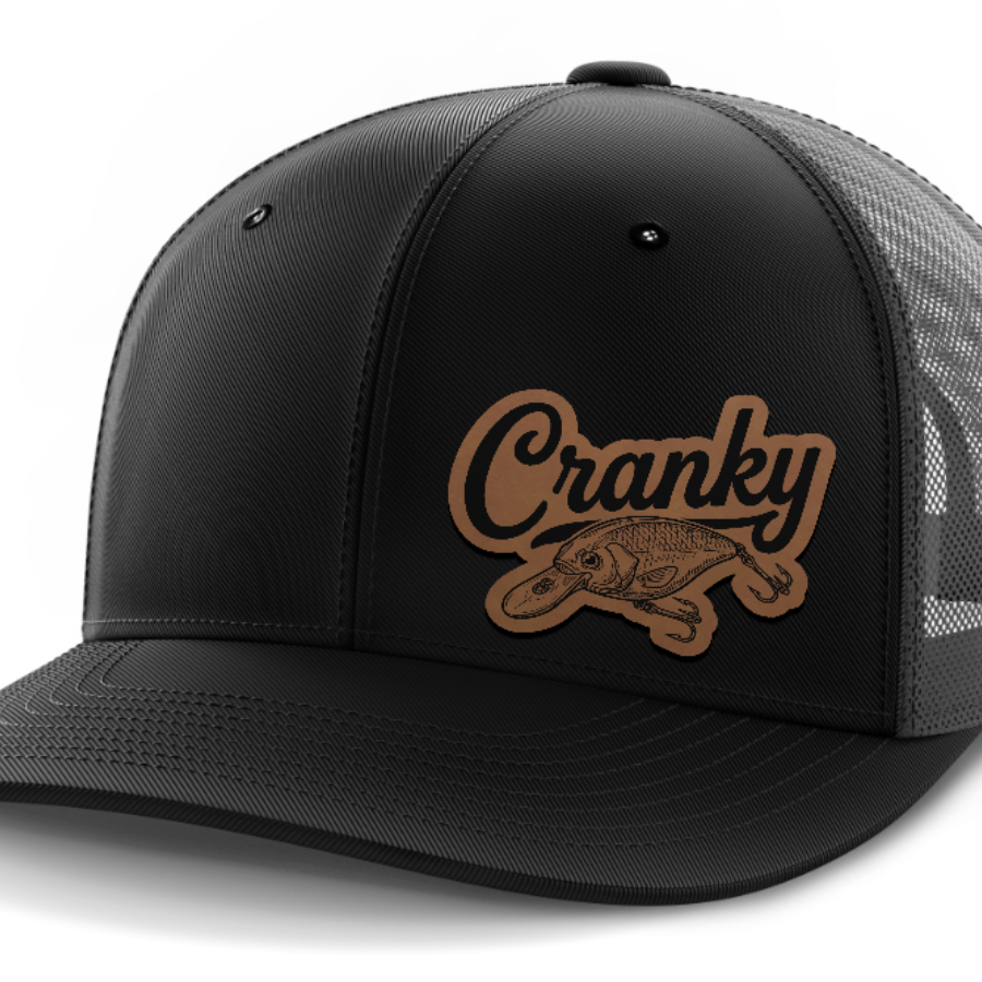 Cranky, Crankbait Decal (left), Leather Patch Hat — Black | Dark Gray