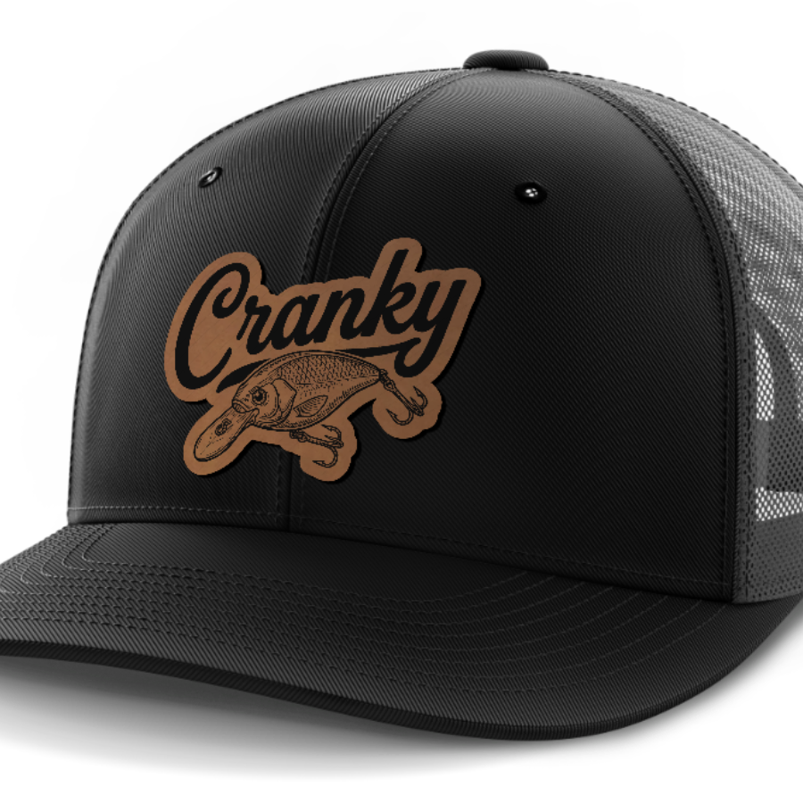 Cranky, Crankbait Decal, Leather Patch Hat — Black | Dark Gray