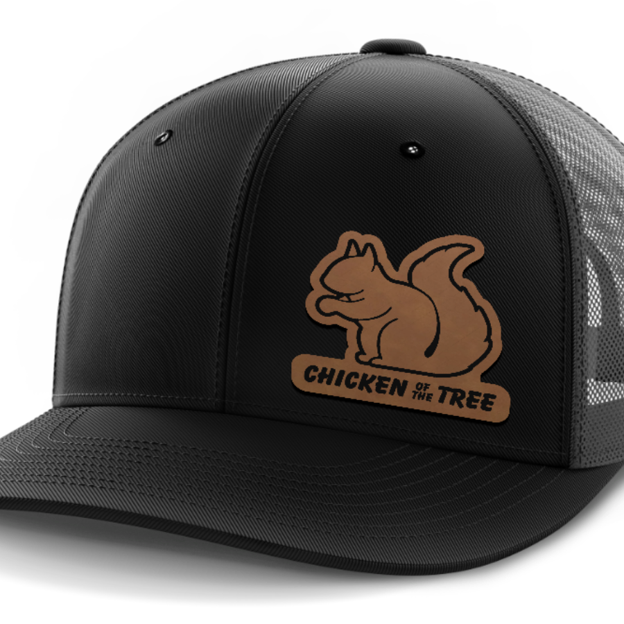 Chicken of the Tree, Squirrel Hunting, Leather Patch Hat — Black | Dark Gray