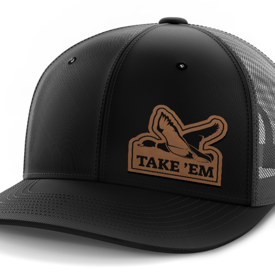 Take Em, Duck Hunting, Leather Patch Hat — Black | Dark Gray