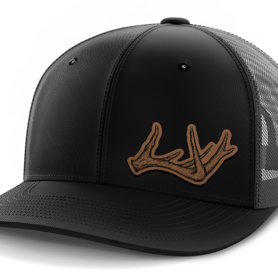 Antlers, Deer & Shed Hunting, Leather Patch Hat — Black | Dark Gray