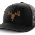 Deer Skull, Deer & Shed Hunting, Leather Patch Hat — Black | Dark Gray