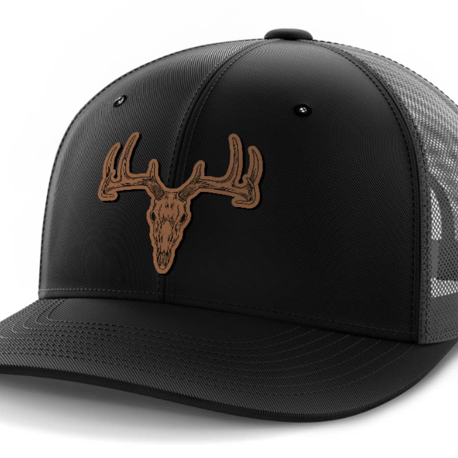 Deer Skull, Deer & Shed Hunting, Leather Patch Hat — Black | Dark Gray