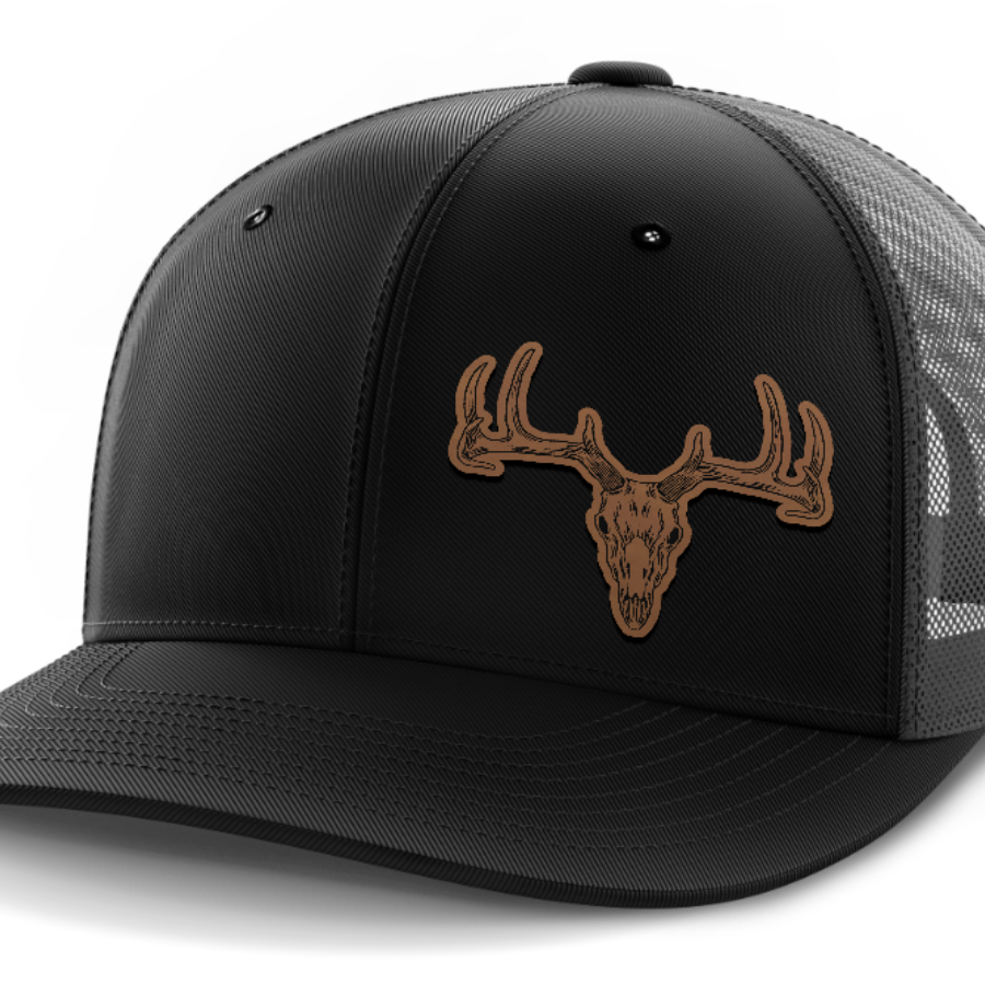 Deer Skull (left), Deer & Shed Hunting, Leather Patch Hat — Black | Dark Gray