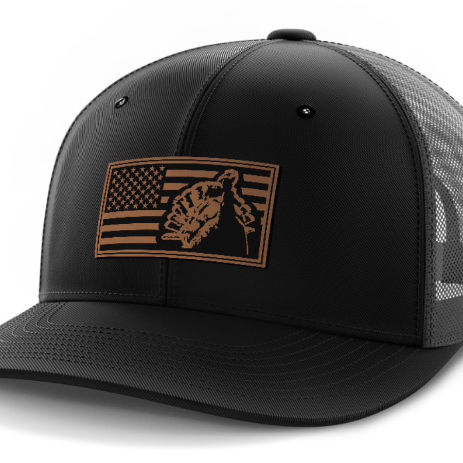 Flag with Turkey, Turkey Hunting, Leather Patch Hat — Black | Dark Gray