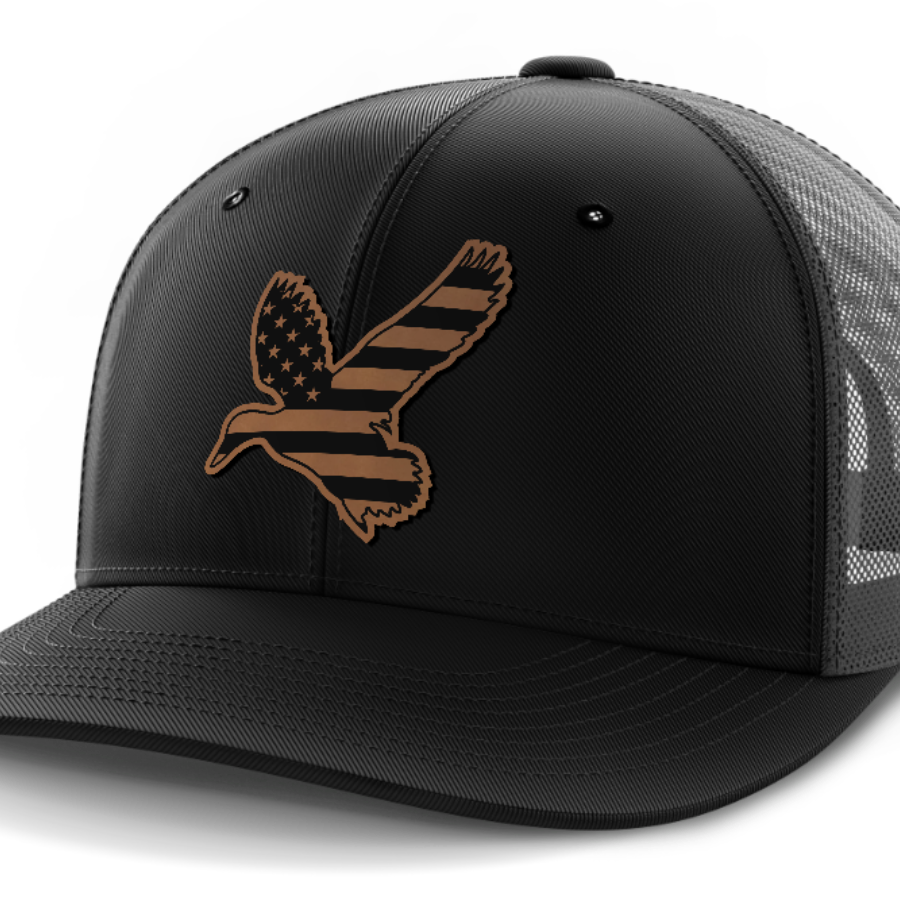 Duck Flag, Duck Hunting, Leather Patch Hat — Black | Dark Gray