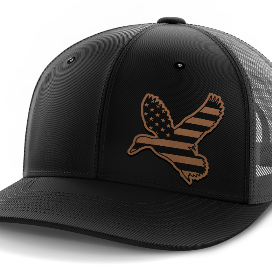 Duck Flag (left), Duck Hunting, Leather Patch Hat — Black | Dark Gray