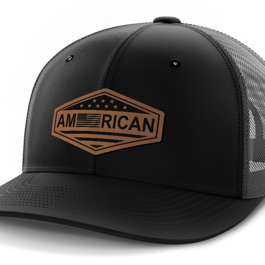 American Flag, Leather Patch Trucker Hat — Black | Dark Gray
