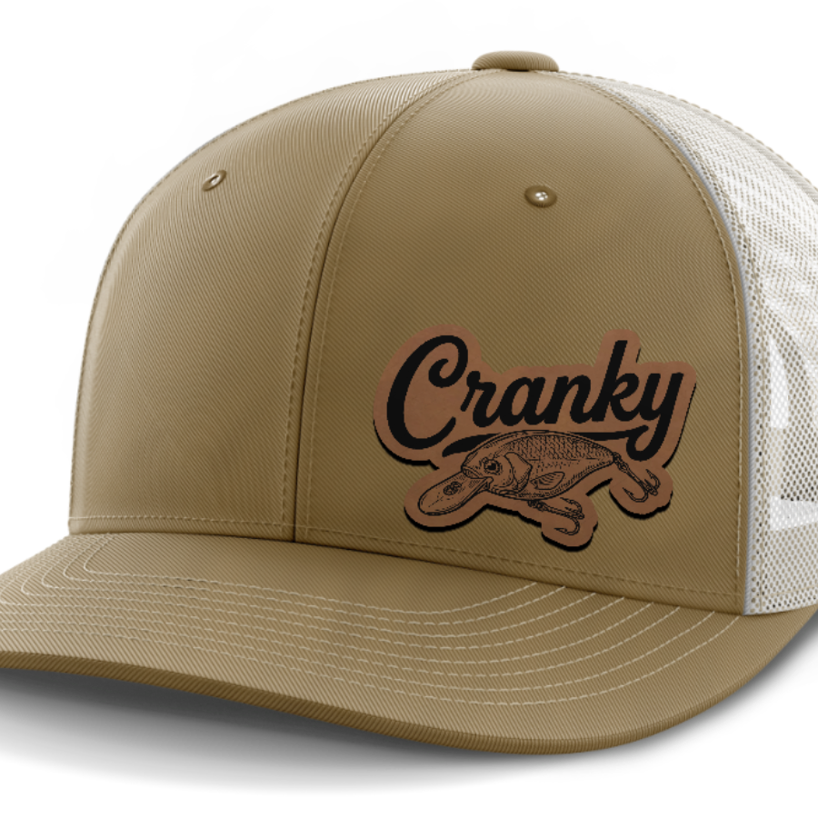 Cranky, Crankbait Decal (left), Leather Patch Hat — Coyote Brown | Light Khaki