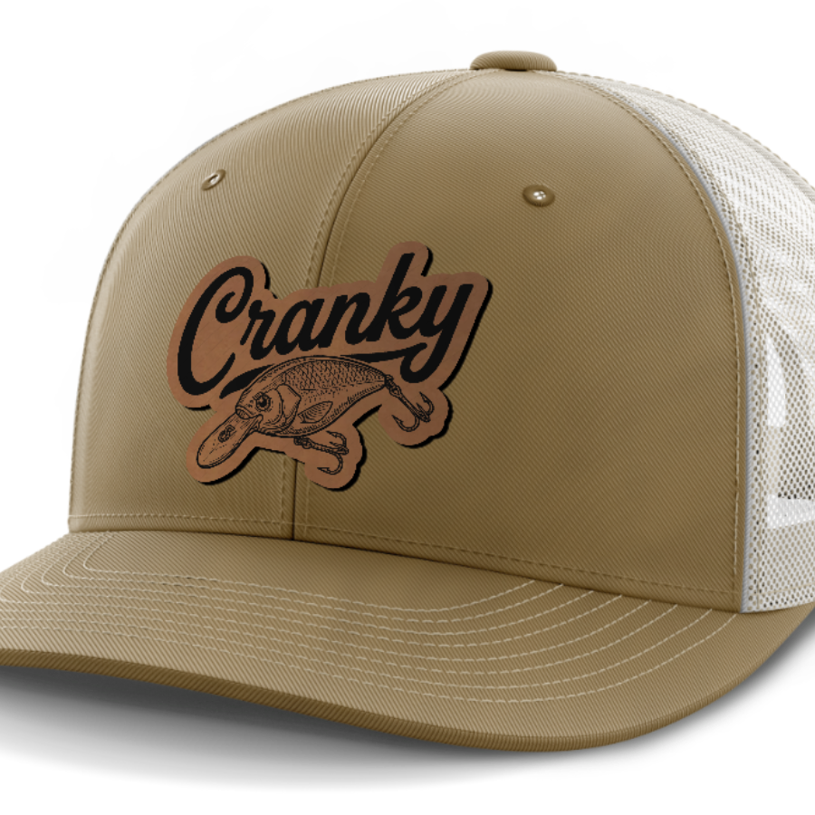 Cranky, Crankbait Decal, Leather Patch Hat — Coyote Brown | Light Khaki