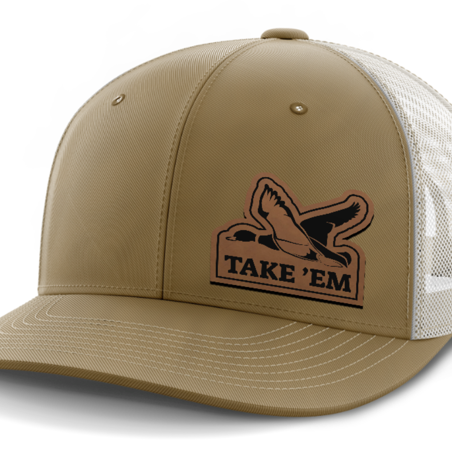 Take Em, Duck Hunting, Leather Patch Hat — Coyote Brown | Light Khaki