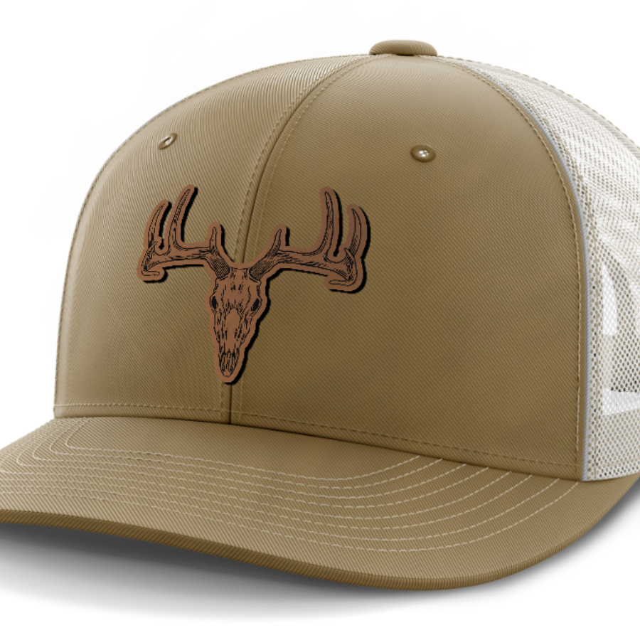 Deer Skull, Deer & Shed Hunting, Leather Patch Hat — Coyote Brown | Light Khaki
