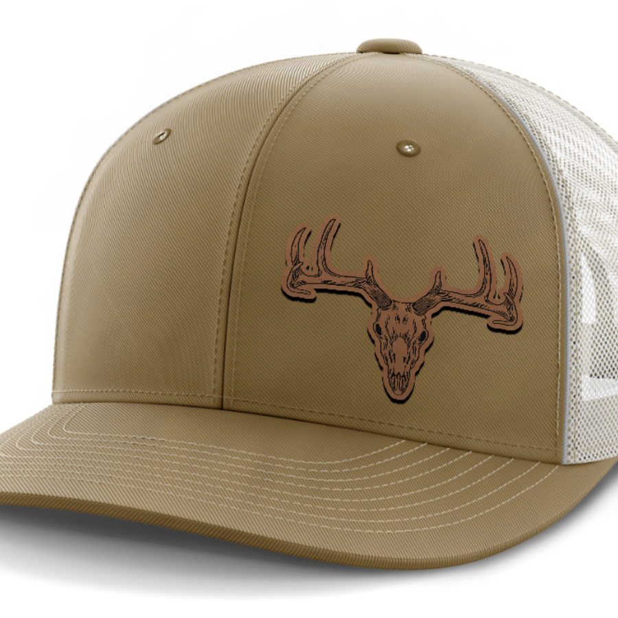 Deer Skull (left), Deer & Shed Hunting, Leather Patch Hat — Coyote Brown | Light Khaki