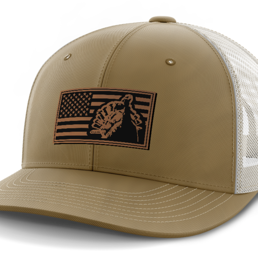 Flag with Turkey, Turkey Hunting, Leather Patch Hat — Coyote Brown | Light Khaki