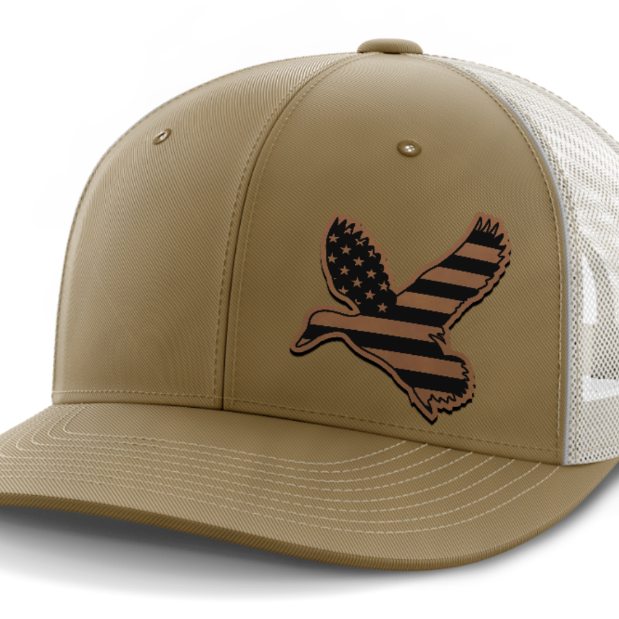 Duck Flag (left), Duck Hunting, Leather Patch Hat — Coyote Brown | Light Khaki