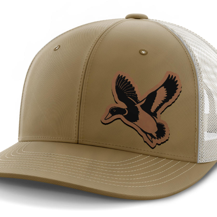 mallard@4x — 6 Panel Mid Profile Mesh Back Trucker Hat — Coyote Brown | Light Khaki