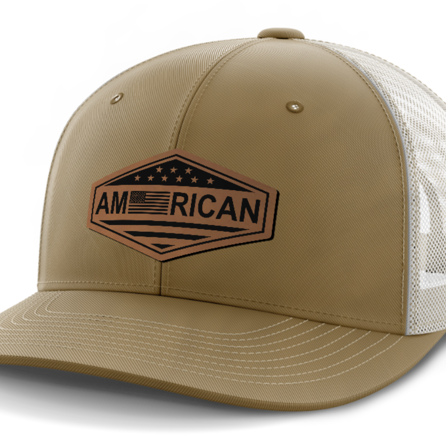American Flag, Leather Patch Trucker Hat — Coyote Brown | Light Khaki