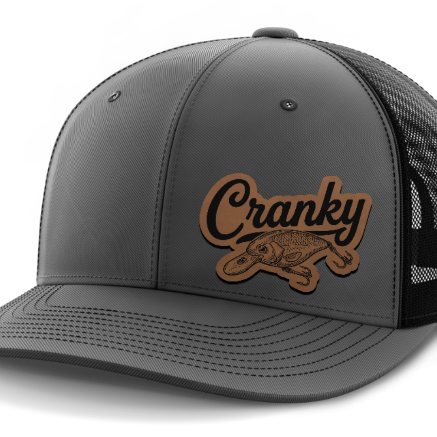 Cranky, Crankbait Decal (left), Leather Patch Hat — Dark Gray | Black