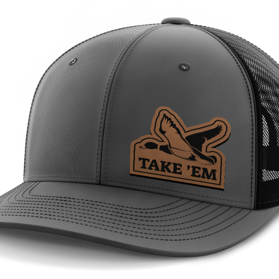 Take Em, Duck Hunting, Leather Patch Hat — Dark Gray | Black