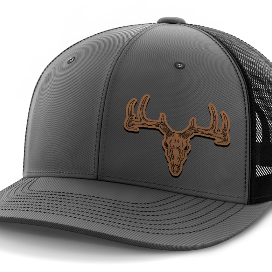 Deer Skull (left), Deer & Shed Hunting, Leather Patch Hat — Dark Gray | Black