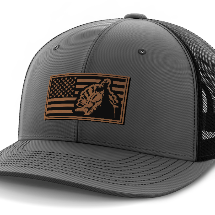 Flag with Turkey, Turkey Hunting, Leather Patch Hat — Dark Gray | Black