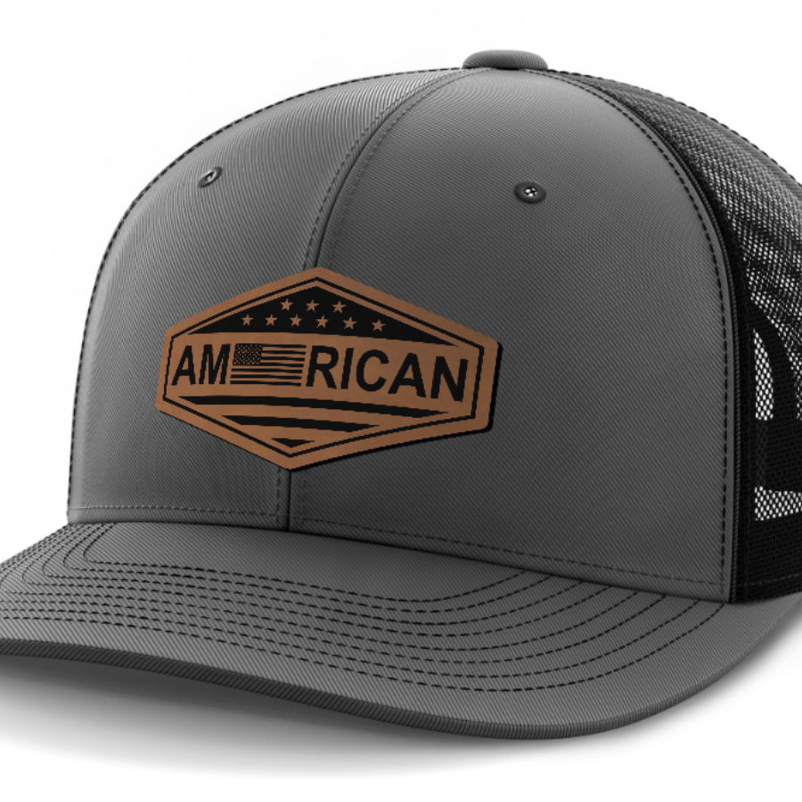 American Flag, Leather Patch Trucker Hat — Dark Gray | Black
