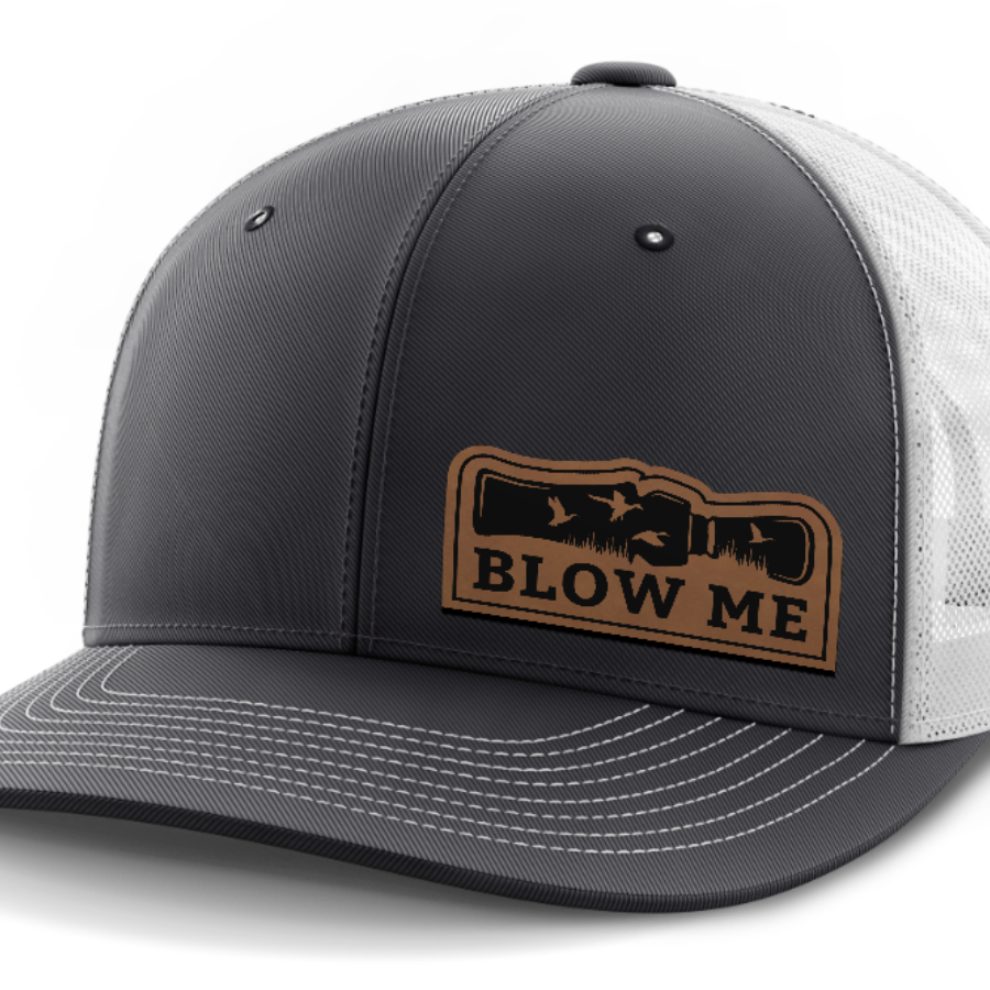 Blow Me, Duck Hunting, Leather Patch Hat — Dark Gray | White