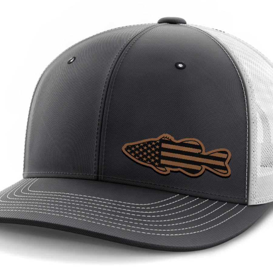 Bass Flag, Leather Patch Hat — Dark Gray | White