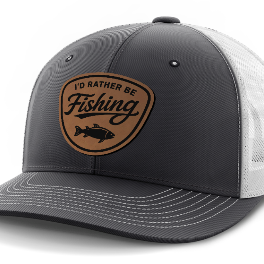 I'd Rather Be Fishing, Leather Patch Hat — Dark Gray | White