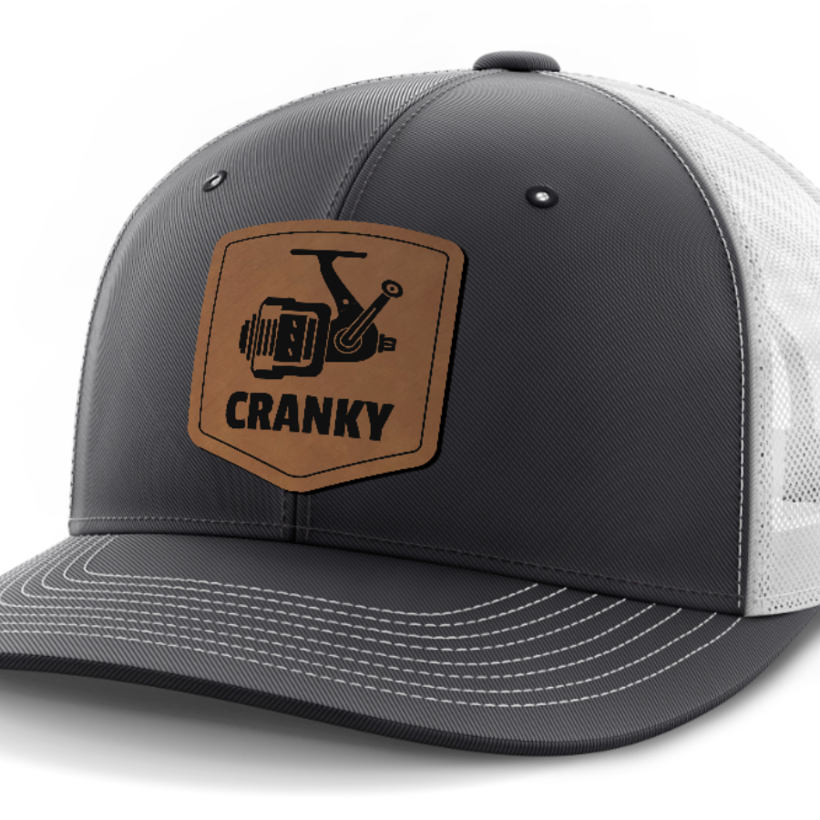 Cranky, Spinner, Leather Patch Hat — Dark Gray | White