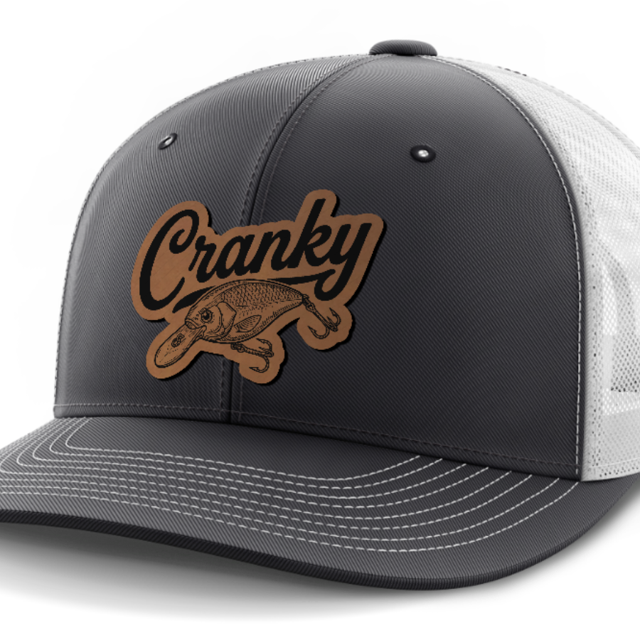 Cranky, Crankbait Decal, Leather Patch Hat — Dark Gray | White