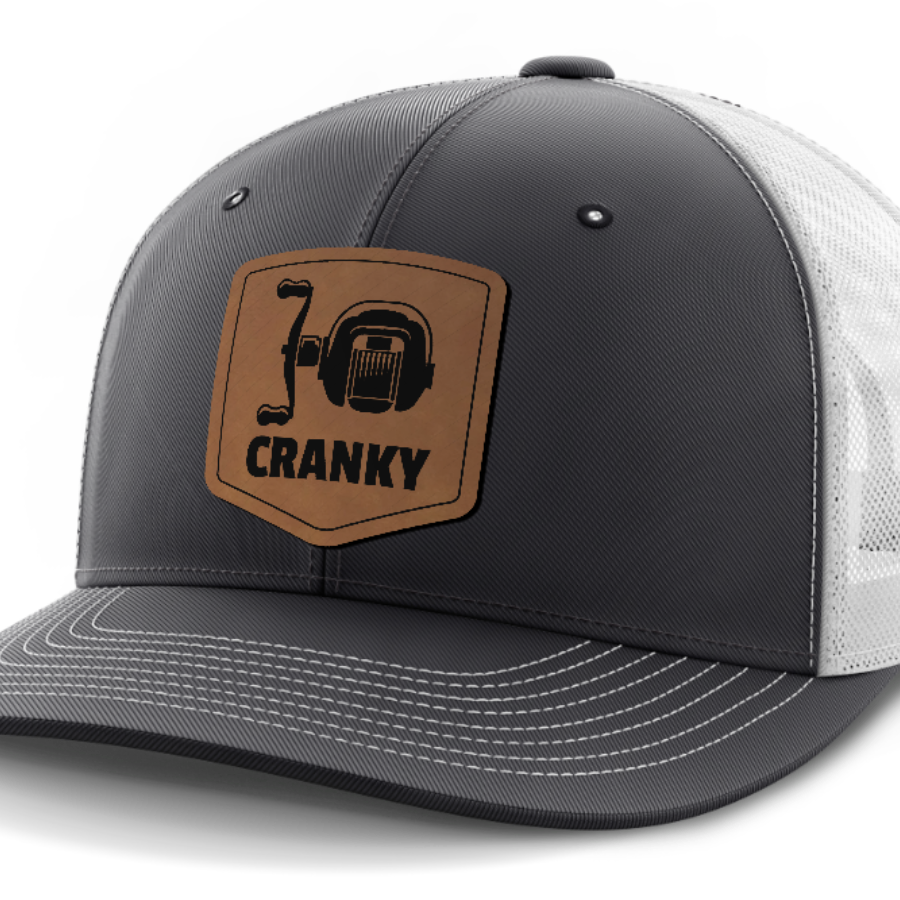 Cranky, Baitcaster, Leather Patch Hat — Dark Gray | White