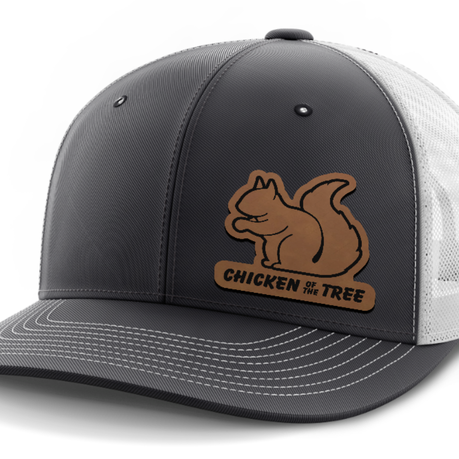 Chicken of the Tree, Squirrel Hunting, Leather Patch Hat — Dark Gray | White